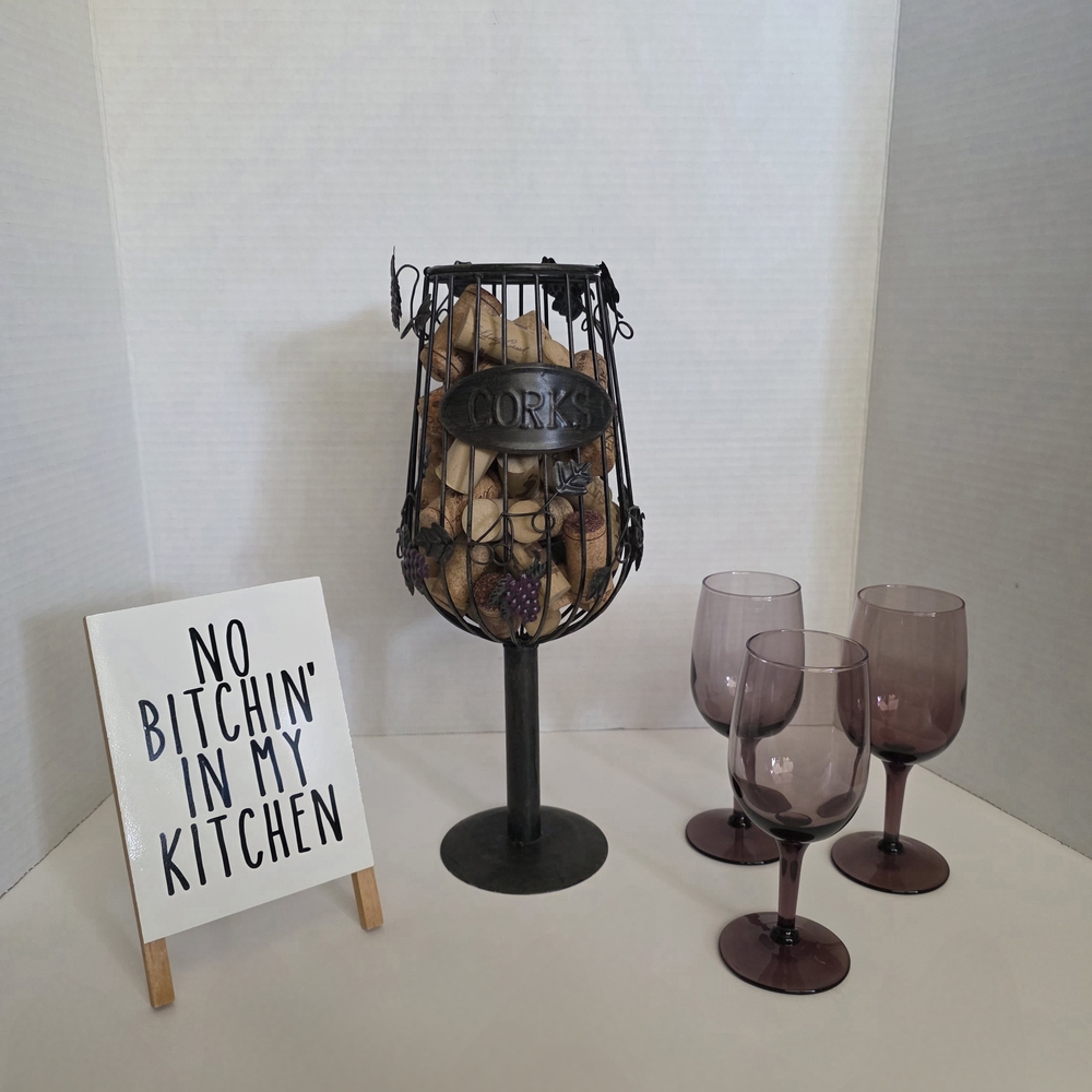 Black Metal Cork Holder with Purple Wine Glasses
